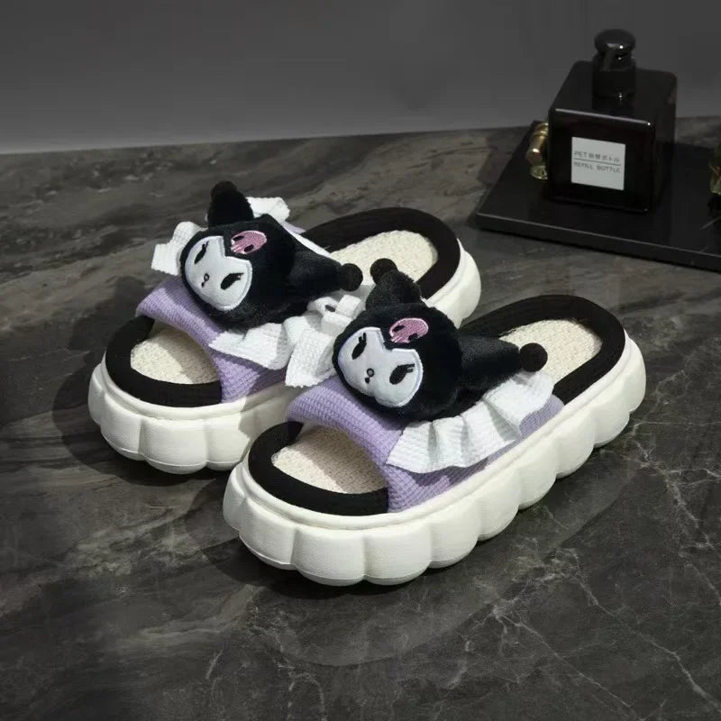 Sanrio Hello Kitty Platform Shoes Women Luxury Design Linen Bottom Breathable Fuzzy Slippers Y2k Female Cartoon Trend Flat Shoe