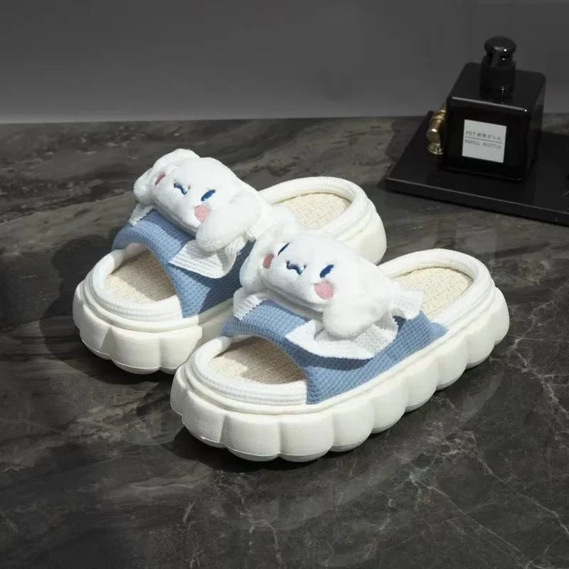 Sanrio Hello Kitty Platform Shoes Women Luxury Design Linen Bottom Breathable Fuzzy Slippers Y2k Female Cartoon Trend Flat Shoe